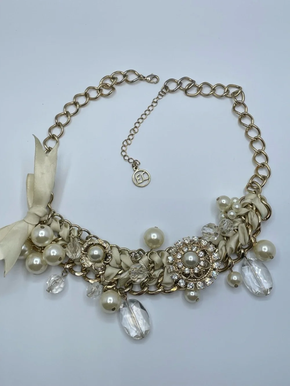 Erica Lyons Gold Faux Pearl Crystal Statement Necklace Bib Bold Weighted